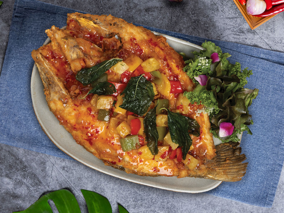 ปลากะพงทอดราดพริกสามรสDeep-fried Sea Bass with Sweet Chili Sauce