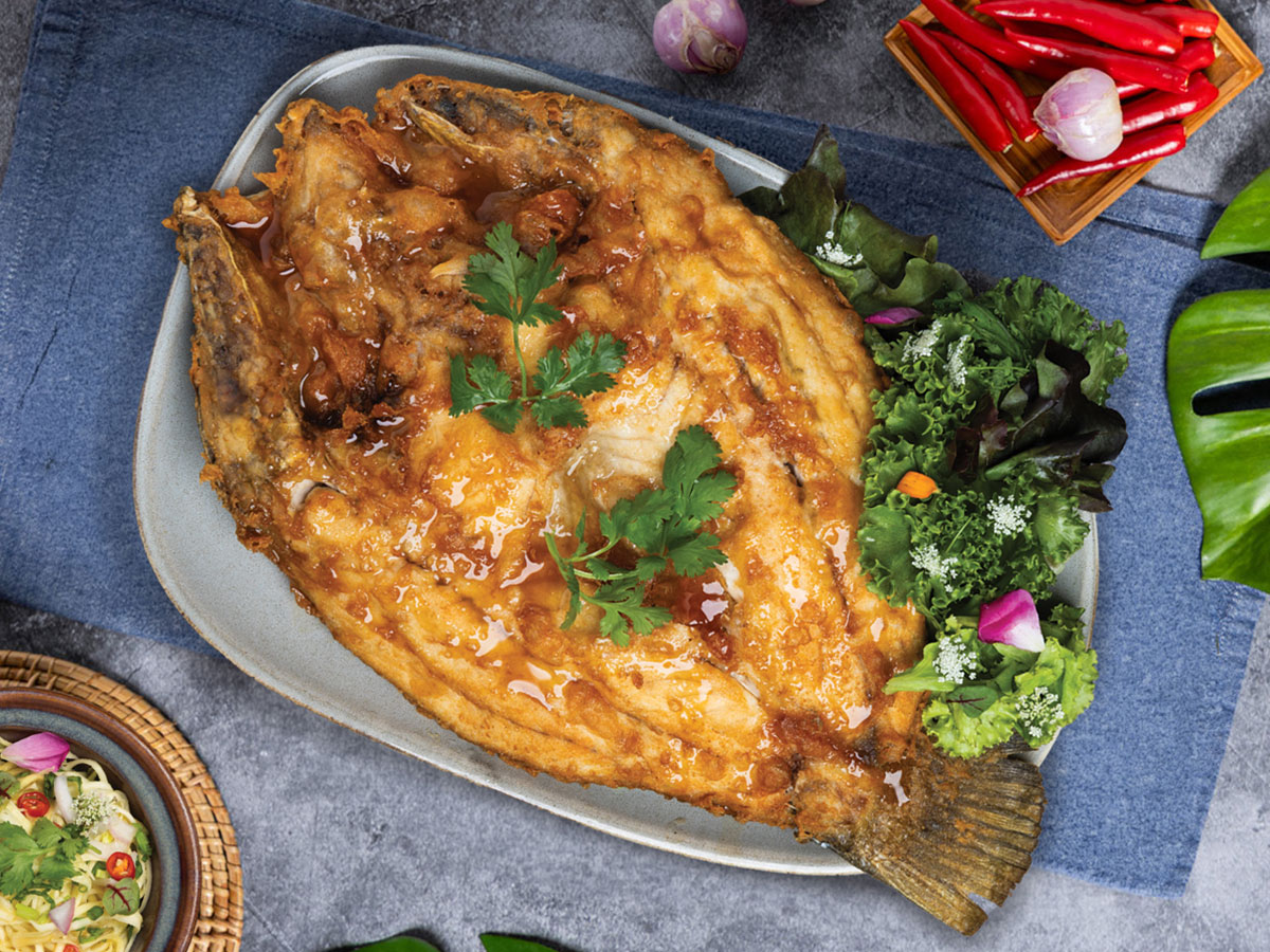 ปลากะพงทอดราดน้ำปลาDeep-fried Sea Bass with Sweet Fish Sauce and Spicy Green Mango Salad
