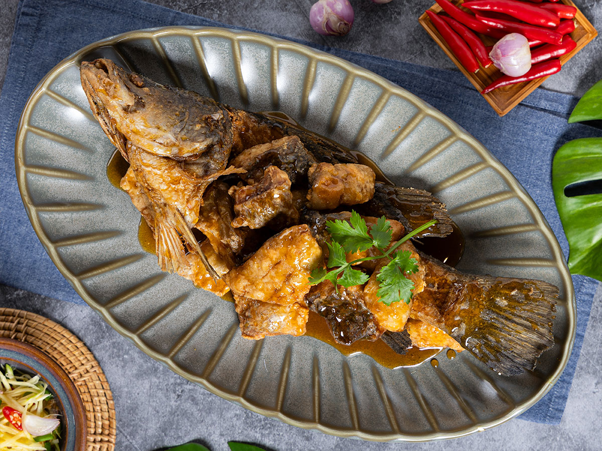 ปลากะพงทอดราดน้ำปลาDeep-fried Sea Bass with Sweet Fish Sauce and Spicy Green Mango Salad